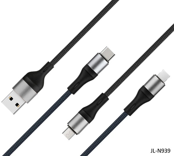 3-in-1 USB Charging Cable showing Micro USB, Type-C, and USB connectors for fast and convenient charging.