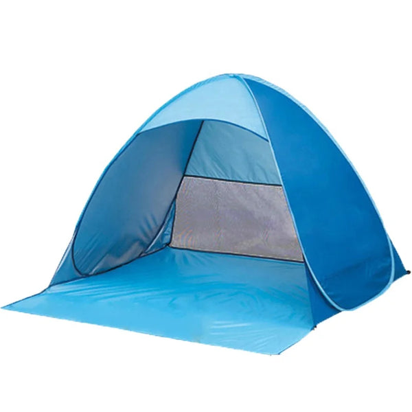 Automatic Pop-Up Beach Tent in blue color with an open entrance and spacious interior, perfect for outdoor relaxation.