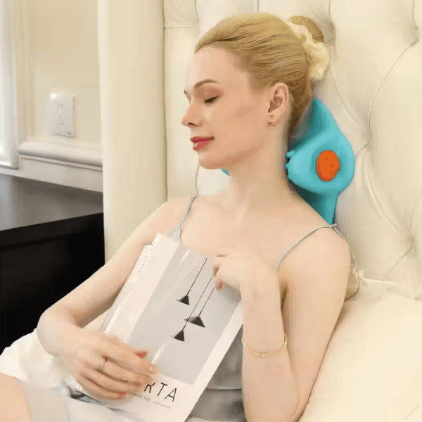 Woman relaxing with EMS Heat Vibrating Back and Neck Massage Pillow while reading a book.