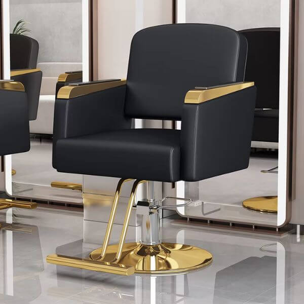Hydraulic Luxury Salon Chair - sleek black design with gold accents, ideal for salons and grooming spaces.
