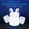 i13 TWS Wireless Bluetooth 5.0 Earbuds with charging case showcasing compact design and wireless connectivity.