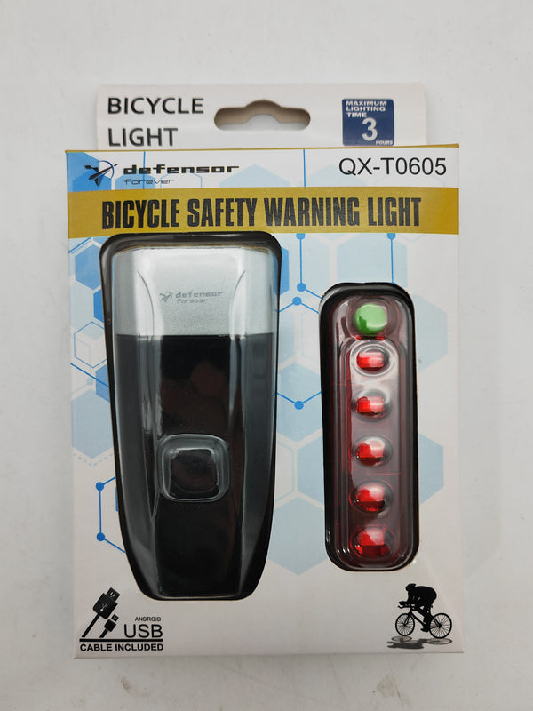 USB Rechargeable Bike Light Set packaging with bicycle safety warning light and included cable.