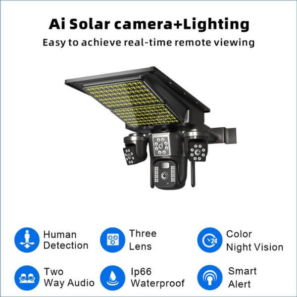 Integrated Solar Street Light with Built-In Security Camera features AI technology for remote viewing.