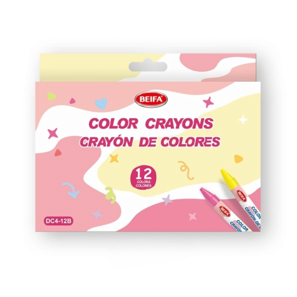 Colourful Wax Crayons Set - 12 Bright Shades packaging with vibrant design and crayons displayed.