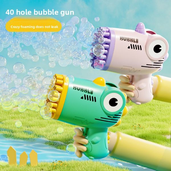 Kids 40-Hole Automatic Dinosaur Bubble Blaster creating a colorful burst of bubbles outdoors.