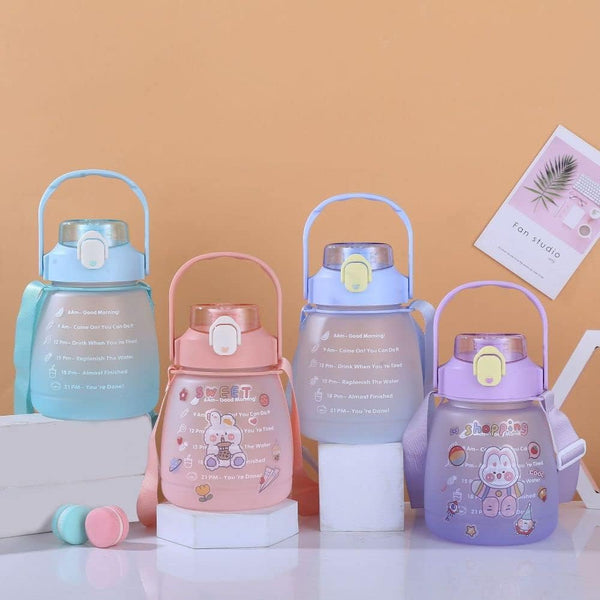 Large 1.1 L Hydration Water Bottle collection in pastel colors with motivational quotes for hydration.