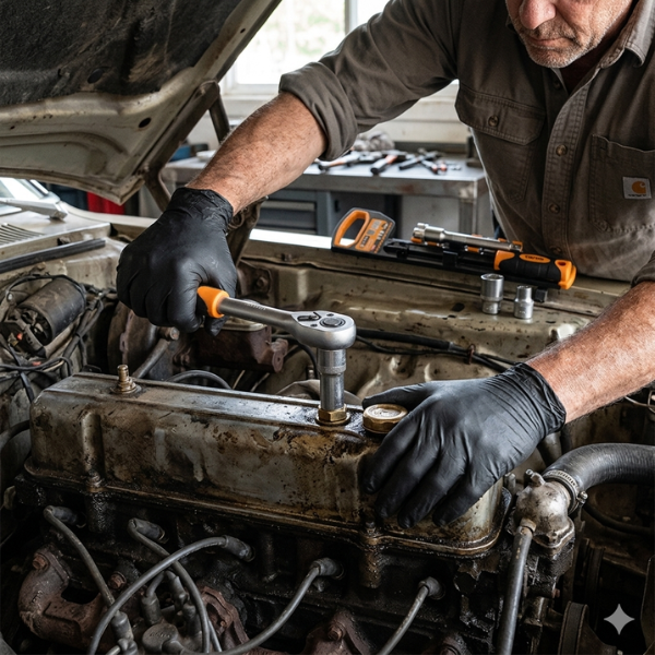 Man using the 12-Piece Metric Ratchet and Socket Kit on a car engine in a workshop.