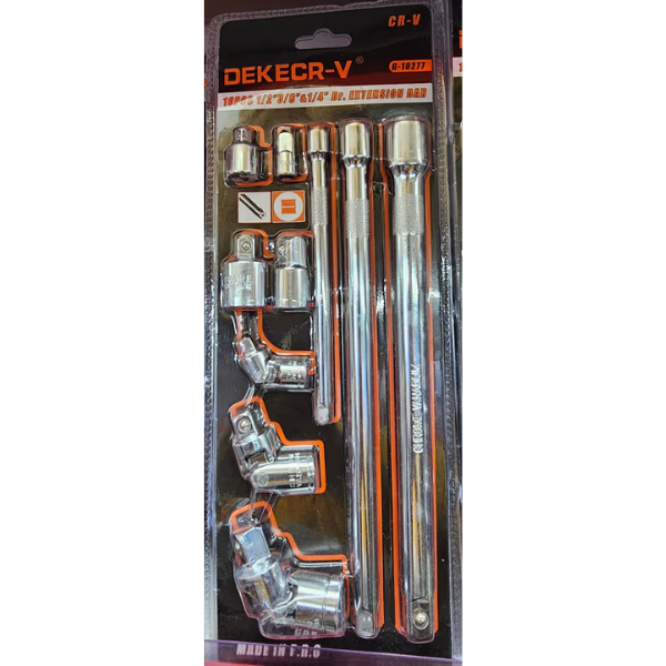 10-Piece Socket Accessory Extension Set displayed in packaging, featuring various drive adapters and extension bars.