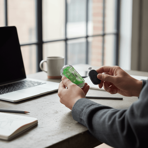 Person holding M3 Wireless Remote Control LED Strobe Light and remote at a desk with laptop and coffee mug.