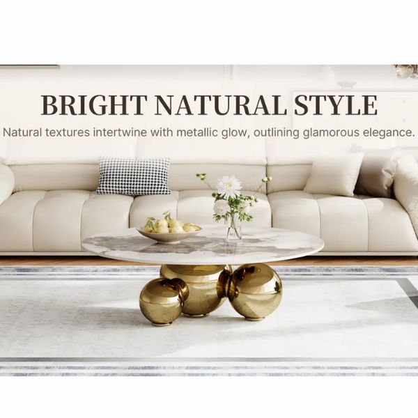 Marble Coffee Table with Golden Orbs showcasing natural textures and metallic accents in a stylish living room setting.