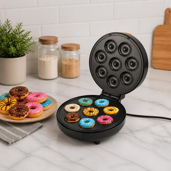 Mini Donut Maker 8-Cavity Donut Baking Machine with colorful mini donuts on countertop.