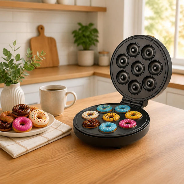 Mini Donut Maker 8-Cavity Donut Baking Machine making colorful mini donuts on a countertop with coffee and greenery.