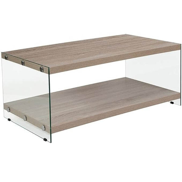 Modern Wood & Glass Centre Coffee Table with a stylish wood-look top and sleek glass supports.