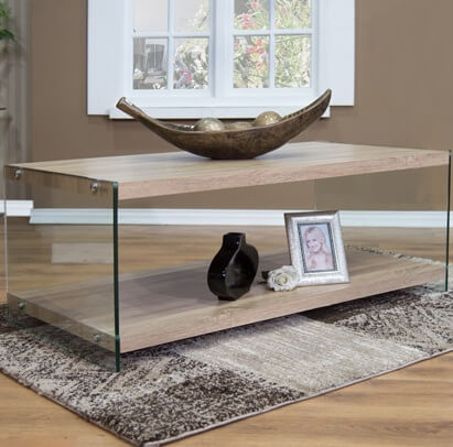 Modern Wood & Glass Centre Coffee Table featuring a chic reclaimed wood-look top and sleek tempered glass supports.