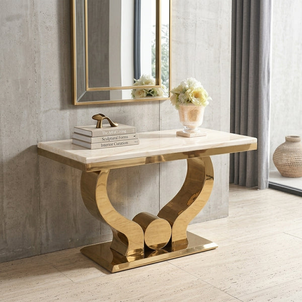 Monaco Gold Console Table 180cm featuring a sleek gold frame and elegant tabletop in a modern interior setting.