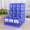 Multifunction Plastic Book Holder Storage Organizer in blue for organizing books and stationery on desk.