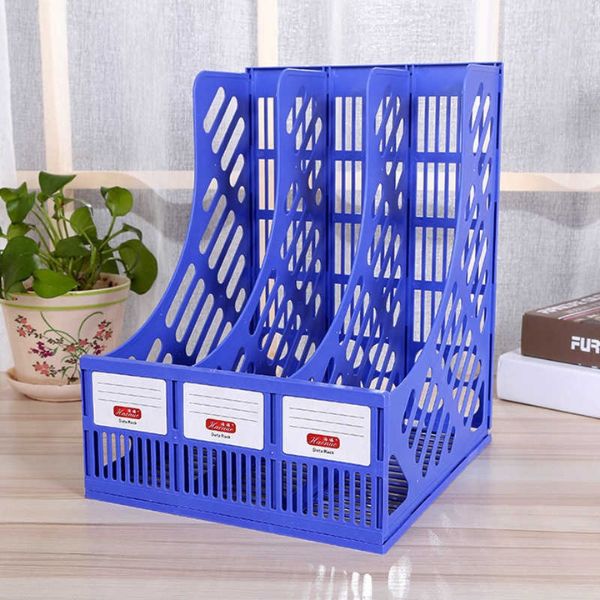 Multifunction Plastic Book Holder Storage Organizer in blue for organizing books and stationery on desk.