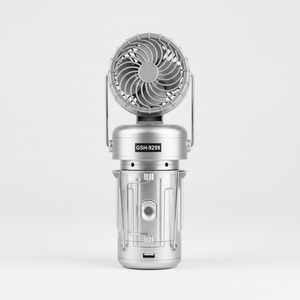 Multifunctional Portable Camping Spotlight Flashlight with fan feature designed for outdoor activities and emergencies.