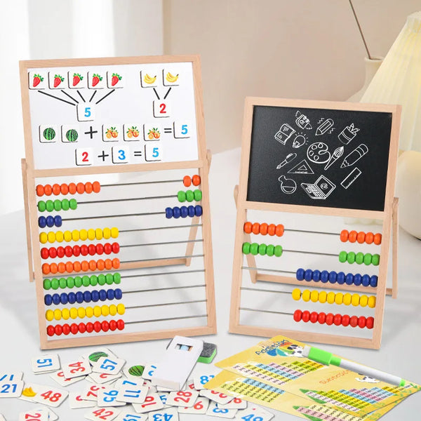 Multifunctional Wooden Magnetic Drawing & Writing Board with abacus and educational illustrations for kids.