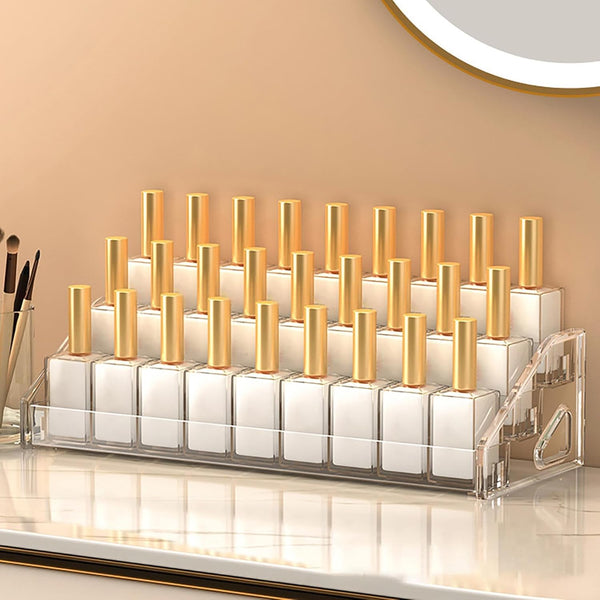 5-Layer Nail Polish Display Rack showcasing organized nail polish bottles with gold caps on a stylish vanity.
