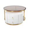 Nesting Coffee Table with Drawers featuring a sleek glass top and stylish design ideal for modern living.
