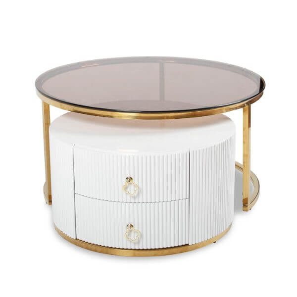 Nesting Coffee Table with Drawers featuring a sleek glass top and stylish design ideal for modern living.