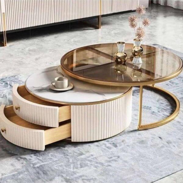 Nesting Coffee Table with Drawers showcasing stylish design and practical storage in a modern living room.