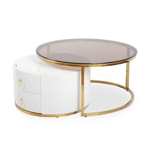 Nesting Coffee Table with Drawers in modern design, featuring round shape and practical storage with gold accents.
