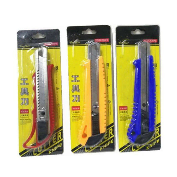 New One Component Utility Knife packaging showcasing red, orange, and blue utility knives on blister cards.