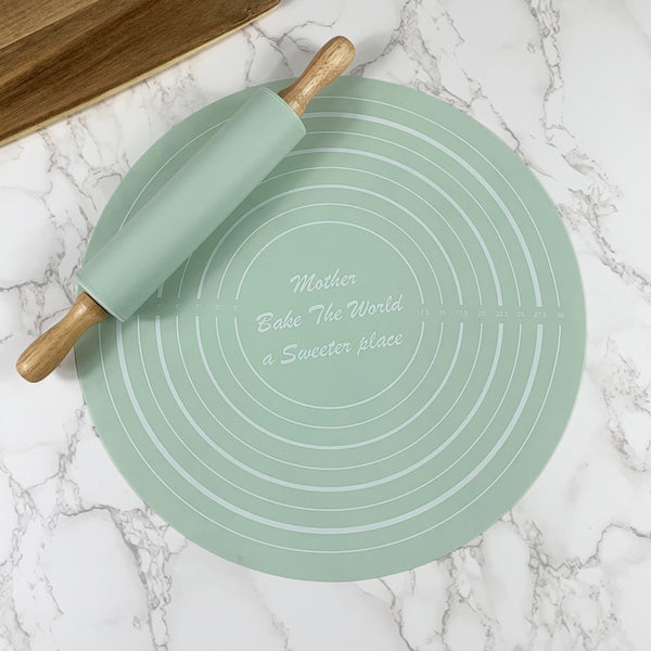 Non-Stick Silicone Rolling Pin & Pastry Mat Baking Set with mint green pastry mat and rolling pin.