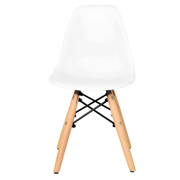 Kids Modern Plastic Chair with Wooden Legs in a white finish and natural wood legs, perfect for children's rooms.