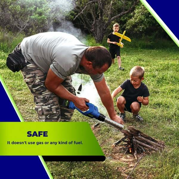 Man using a 20V Cordless Electric Charcoal Lighter and Fire Starter to ignite a fire outdoors with children nearby.