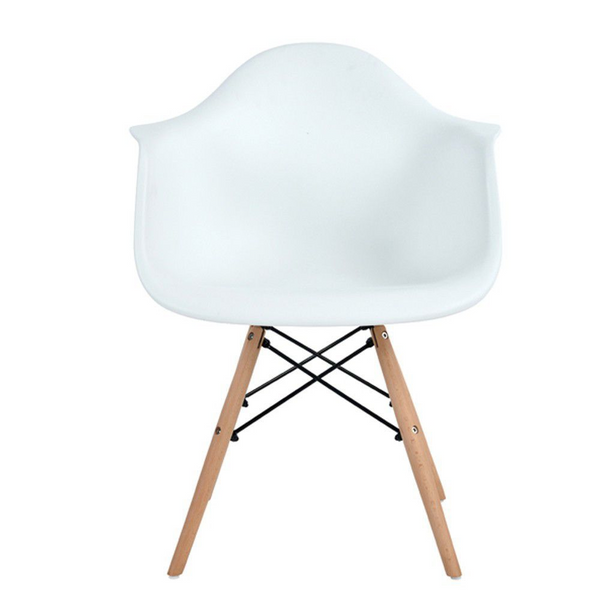 Eiffel Armchair with Wooden Legs featuring a modern white seat and wooden base, perfect for stylish home and office spaces.