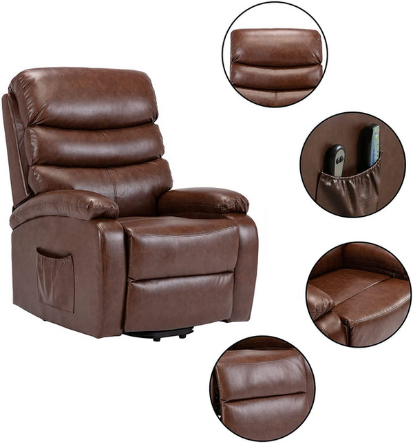 Leather Electric Power Lift Recliner Chair features comfortable cushioning and convenient side pockets for remote storage.