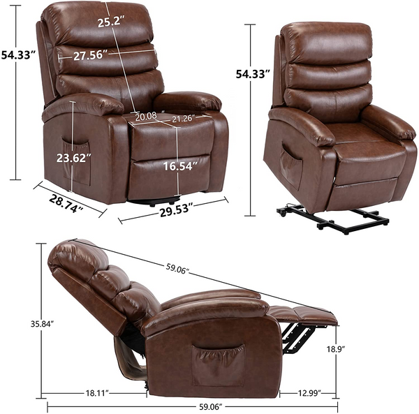 Leather Electric Power Lift Recliner Chair dimensions showing full recline, seating positions, and features.