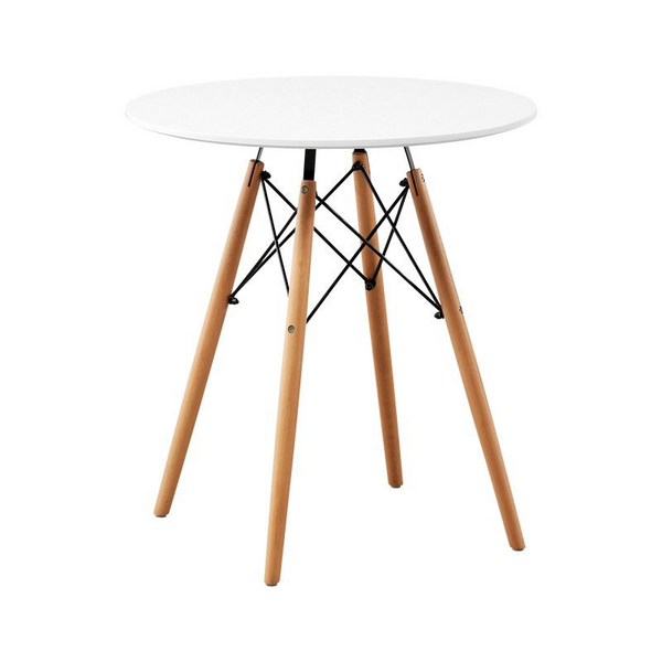 75cm Modern Eames Design Round Dining Table with a white top and wooden legs, perfect for compact spaces.