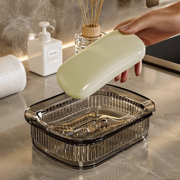Portable Eco-Friendly Soap Tray holding a green soap bar, designed to keep soap dry and firm.