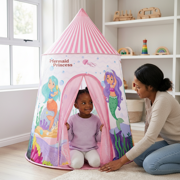 A child playing inside a colorful Portable Foldable Castle Play Tent with a mermaid theme.