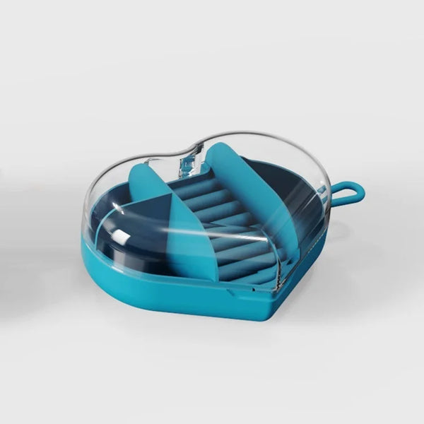 Portable Heart-Shaped Acrylic Jewelry Storage Box in blue for organized jewelry, featuring compartments for rings and earrings.