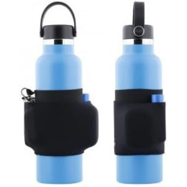 Portable Water Bottle Holder with adjustable straps and pockets for convenience during outdoor activities.