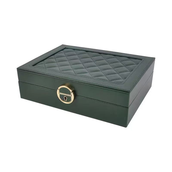 Premium Multi-Compartment Jewelry Box in green, featuring a quilted top and elegant gold lock design.