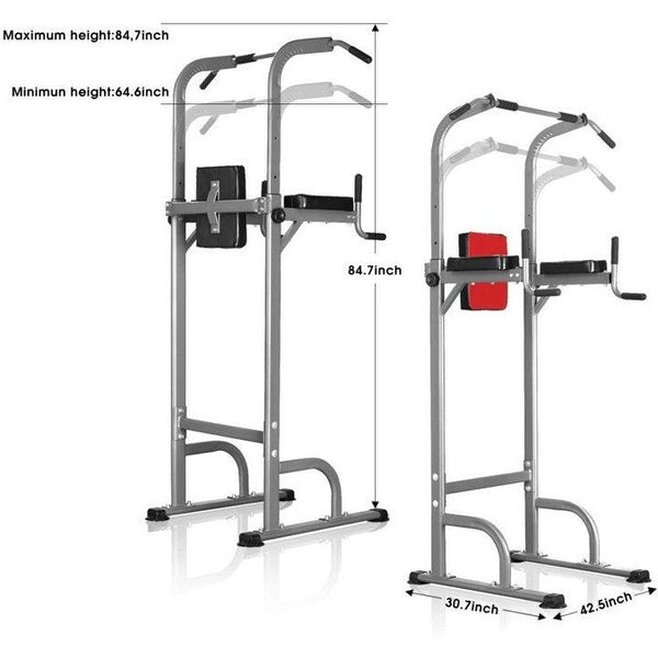 Pro Adjustable Power Tower - Multi-Function Home Gym Station dimensions and adjustments for various exercises.
