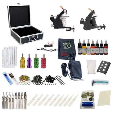 Professional Double Gun Tattoo Kit with dual machines and accessories for tattooing.