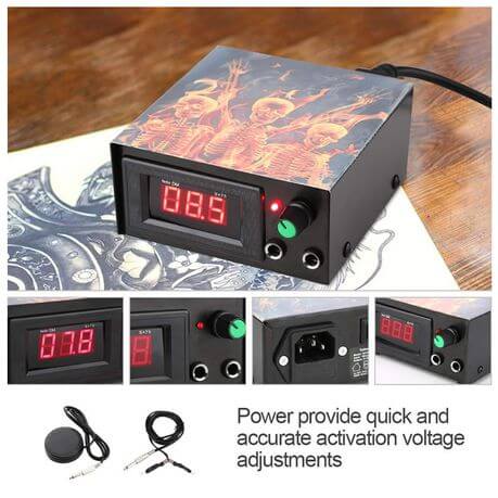 Professional Double Gun Tattoo Kit power supply with digital display and voltage adjustments for tattooing.