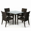 Rattan Patio Dinner Table Set featuring a square glass-top table and four stylish rattan chairs.