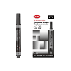 10 pcs Refillable Black Marker Pen with Round Fibre Tip packaging and marker image.