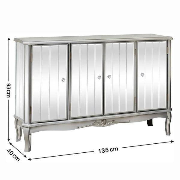 Reflective Hallway Decorative Sideboard with mirrored panels and antique silver finish, ideal for elegant storage.