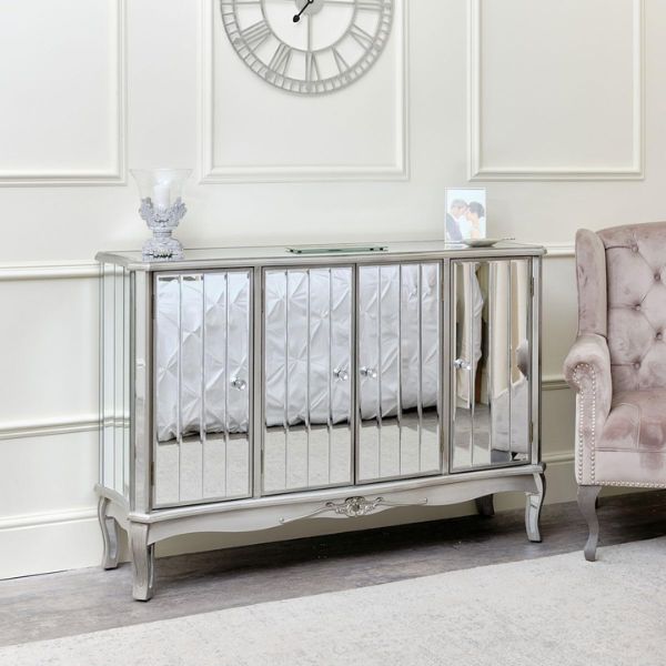 Reflective Hallway Decorative Sideboard with antique silver finish and mirrored panels in a stylish hallway setting.