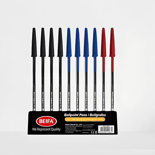 50 PCS Retractable Comfort Ballpoint Pen Set featuring black, blue, and red retractable pens on display.