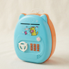Kids Electronic Luggage Piggy Bank with Password Lock in fun blue color with kitten design and password keypad.